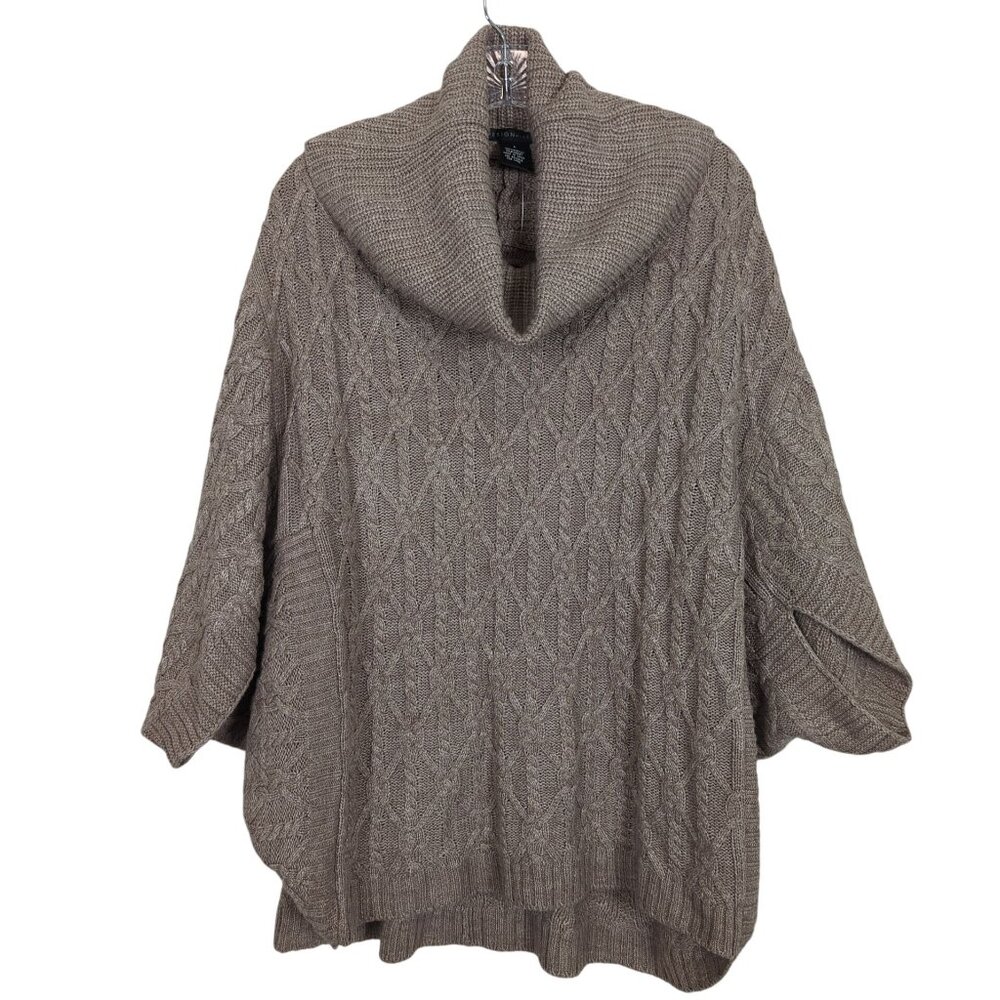 Design History Women’s Poncho Tan Sweater Large Cowl Neck Cable Knit Pullover